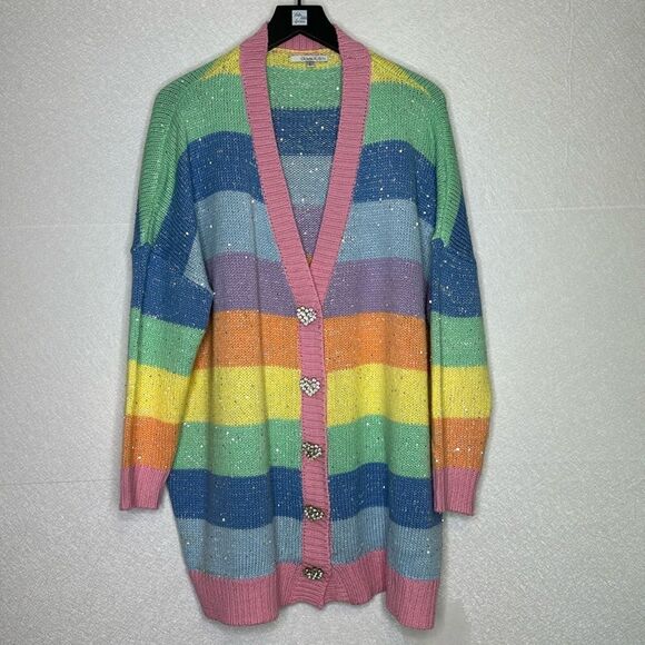 Olivia Rubin Rainbow Sequin Stripe Mika Cardigan L - Picture 2 of 5